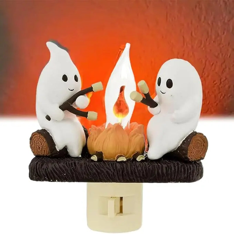 Ghost Campfire Flickering Night Light, Ghosts Campfire Flicker Flame Halloween Nightlight, 3D LED Small Electric Faux Campfire Night Light, Halloween Nightlight Indoor Decorations