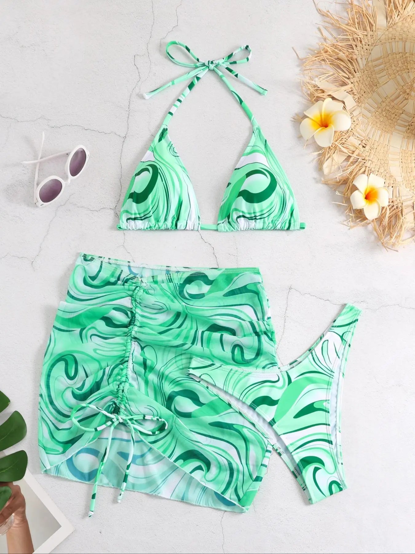 Three-Piece Set Women'S All over Print Halter Bikinis Set, Casual Tie Back Triangle Swim Bra & High Cut Swim Panty & Drawstring Ruched Skirt Set, Bathing Suits Women, Swimsuit for Women