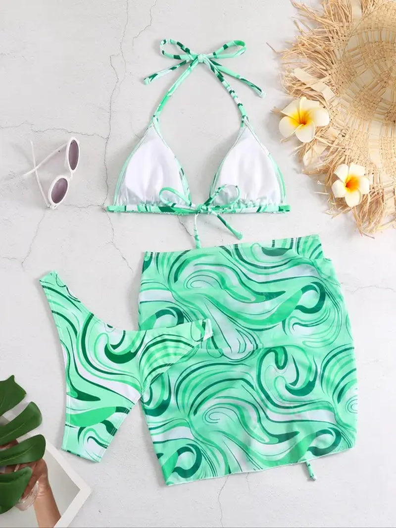 Three-Piece Set Women'S All over Print Halter Bikinis Set, Casual Tie Back Triangle Swim Bra & High Cut Swim Panty & Drawstring Ruched Skirt Set, Bathing Suits Women, Swimsuit for Women