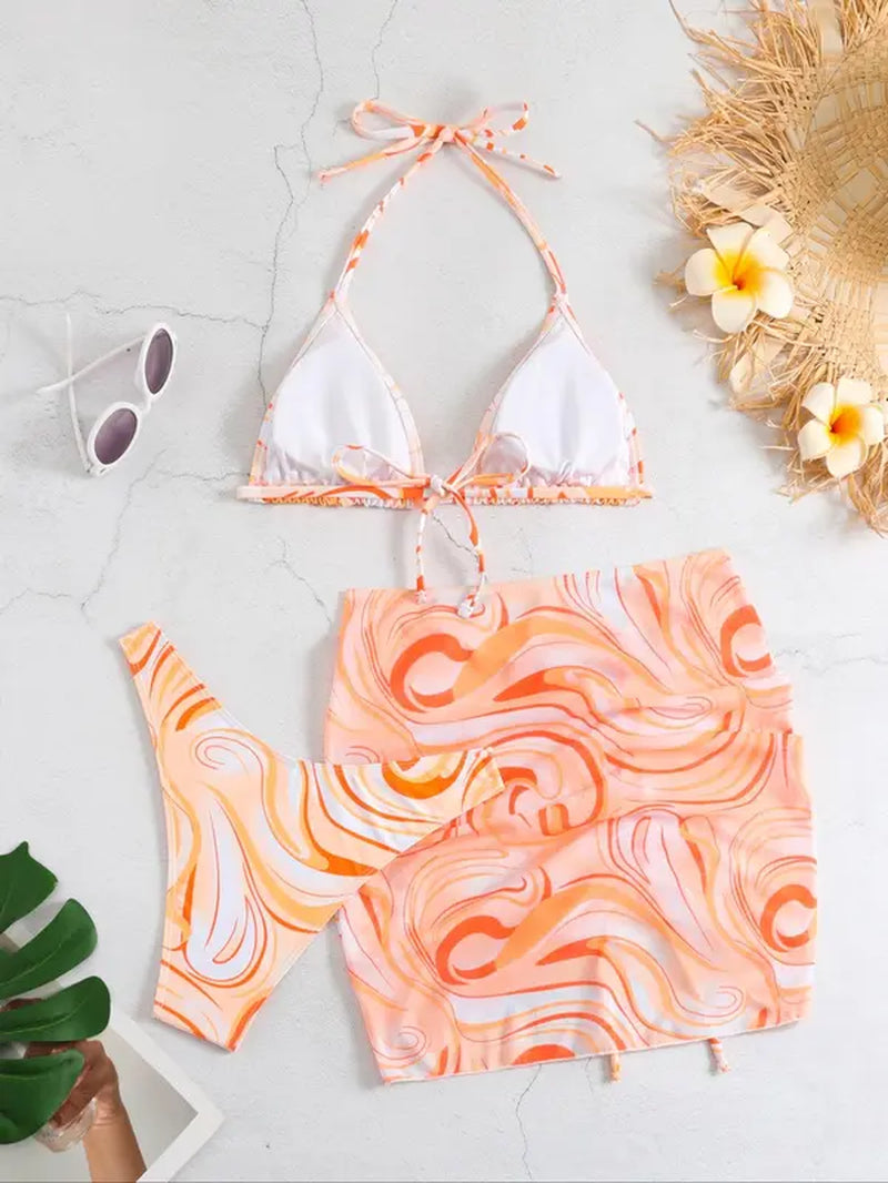 Three-Piece Set Women'S All over Print Halter Bikinis Set, Casual Tie Back Triangle Swim Bra & High Cut Swim Panty & Drawstring Ruched Skirt Set, Bathing Suits Women, Swimsuit for Women