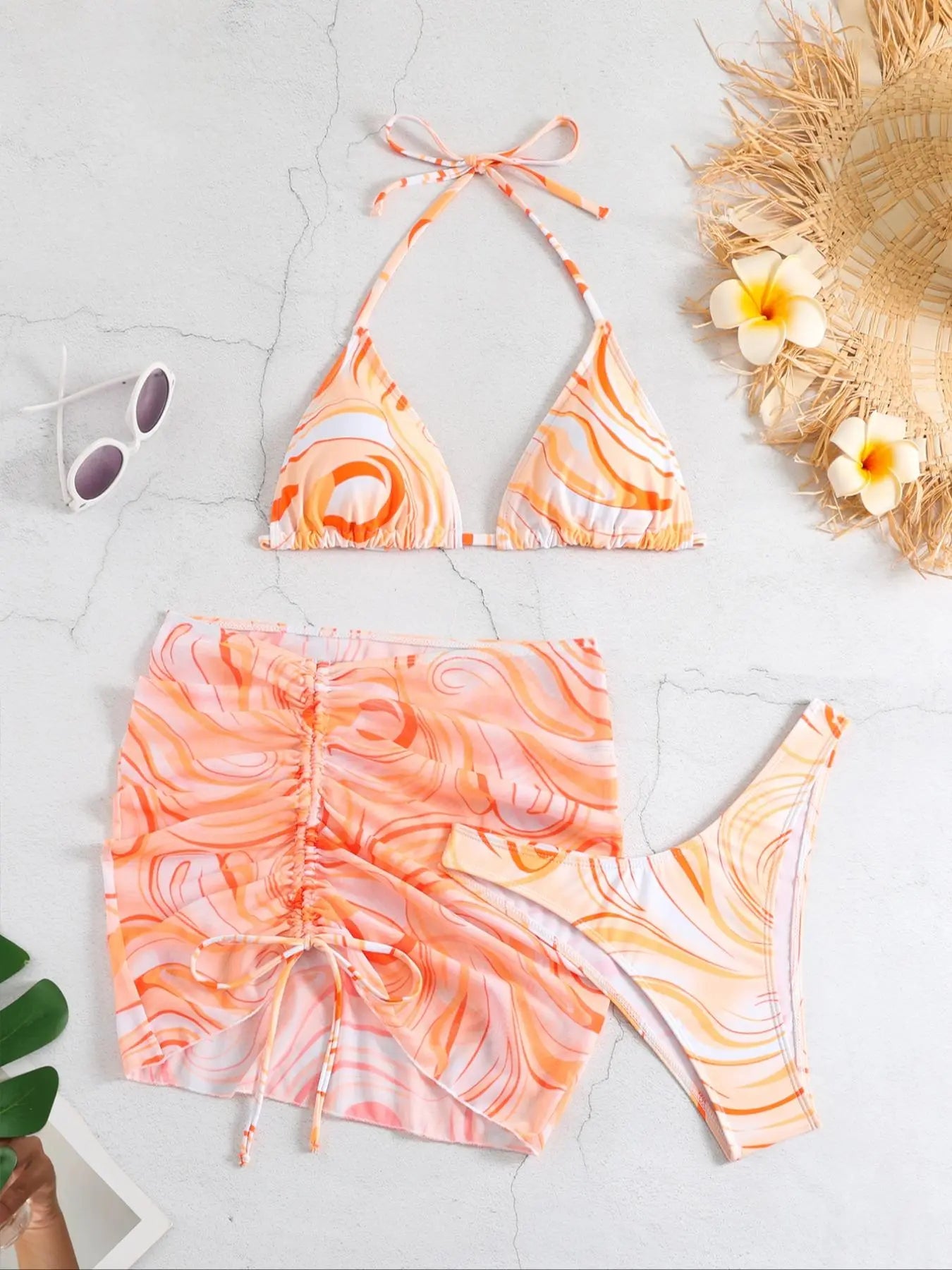 Three-Piece Set Women'S All over Print Halter Bikinis Set, Casual Tie Back Triangle Swim Bra & High Cut Swim Panty & Drawstring Ruched Skirt Set, Bathing Suits Women, Swimsuit for Women