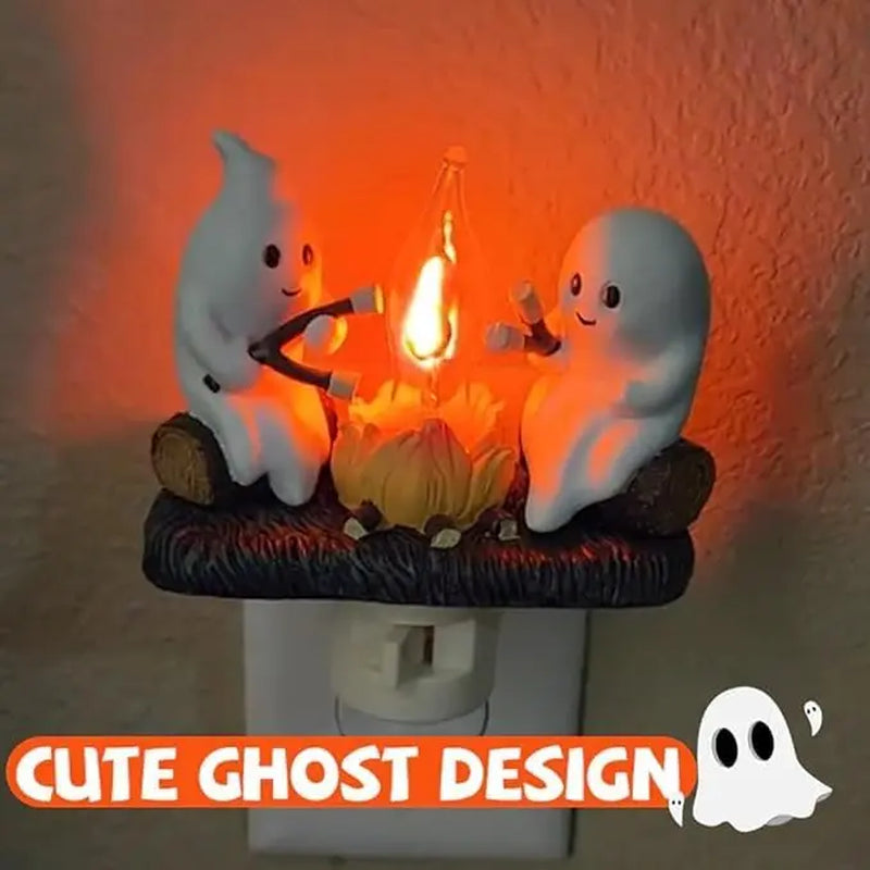 Ghost Campfire Flickering Night Light, Ghosts Campfire Flicker Flame Halloween Nightlight, 3D LED Small Electric Faux Campfire Night Light, Halloween Nightlight Indoor Decorations