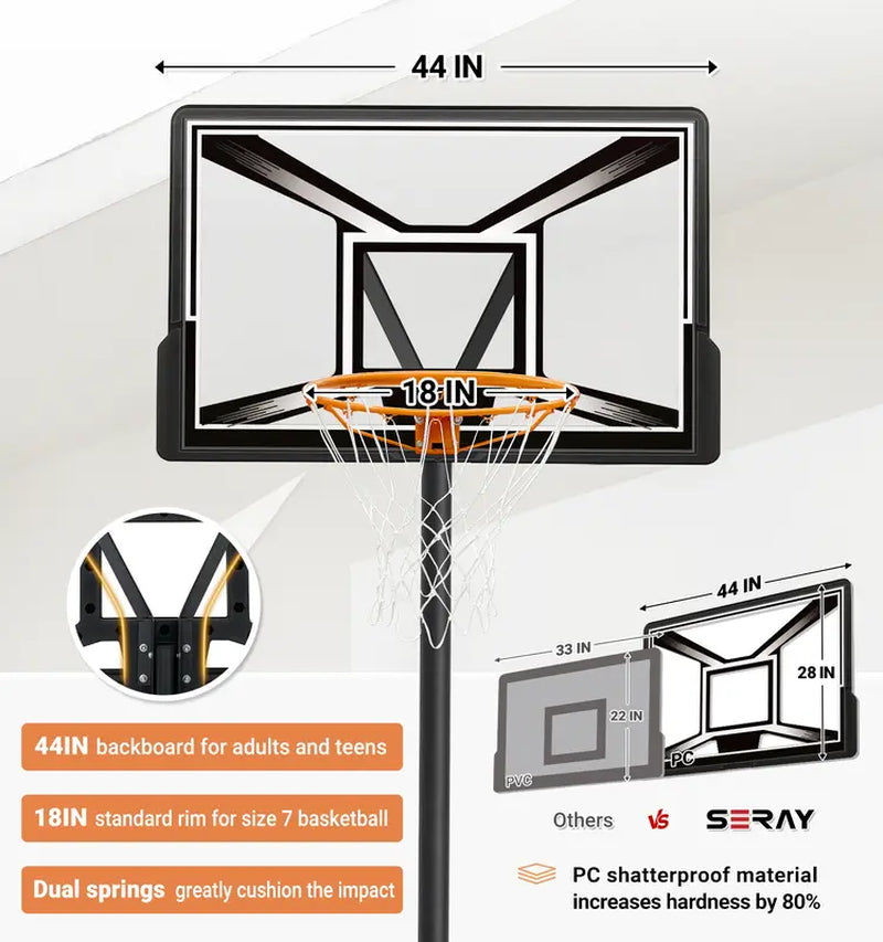 Portable Basketball Hoop Quickly Height Adjusted 4.4-10Ft Outdoor/Indoor with 44 Inch Backboard and Wheels for Adults