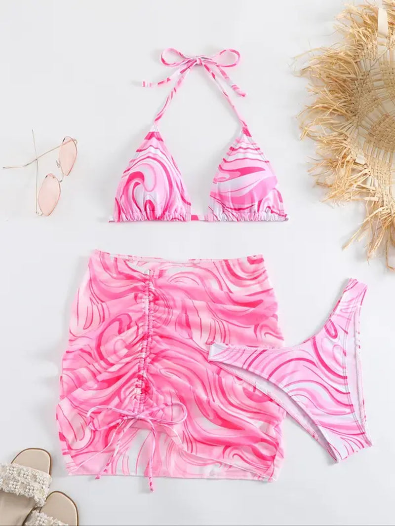 Three-Piece Set Women'S All over Print Halter Bikinis Set, Casual Tie Back Triangle Swim Bra & High Cut Swim Panty & Drawstring Ruched Skirt Set, Bathing Suits Women, Swimsuit for Women