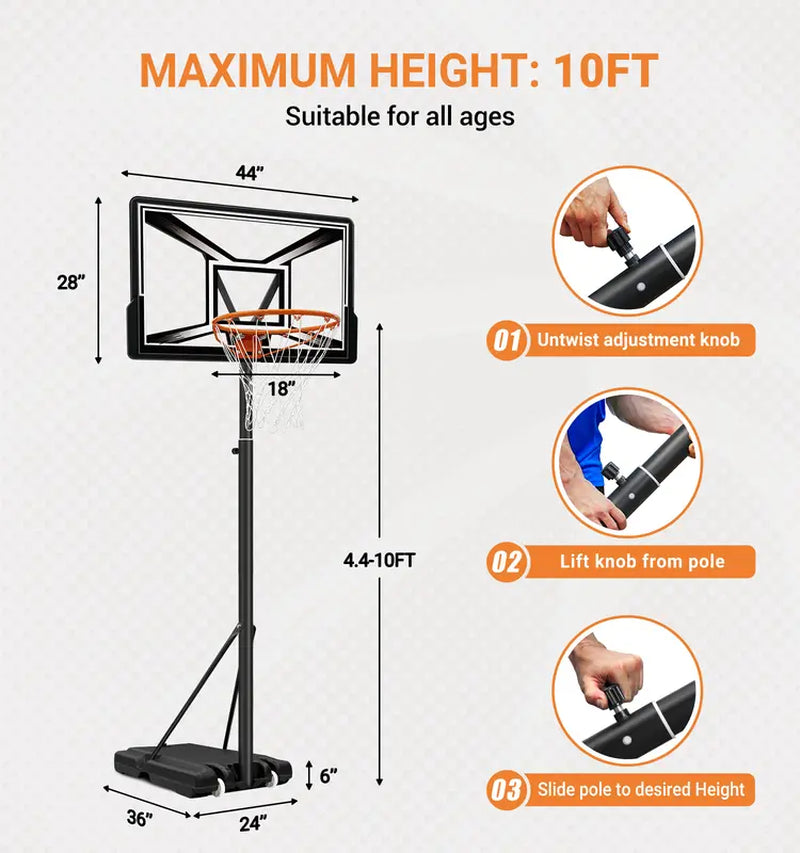 Portable Basketball Hoop Quickly Height Adjusted 4.4-10Ft Outdoor/Indoor with 44 Inch Backboard and Wheels for Adults