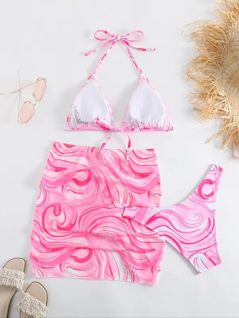 Three-Piece Set Women'S All over Print Halter Bikinis Set, Casual Tie Back Triangle Swim Bra & High Cut Swim Panty & Drawstring Ruched Skirt Set, Bathing Suits Women, Swimsuit for Women